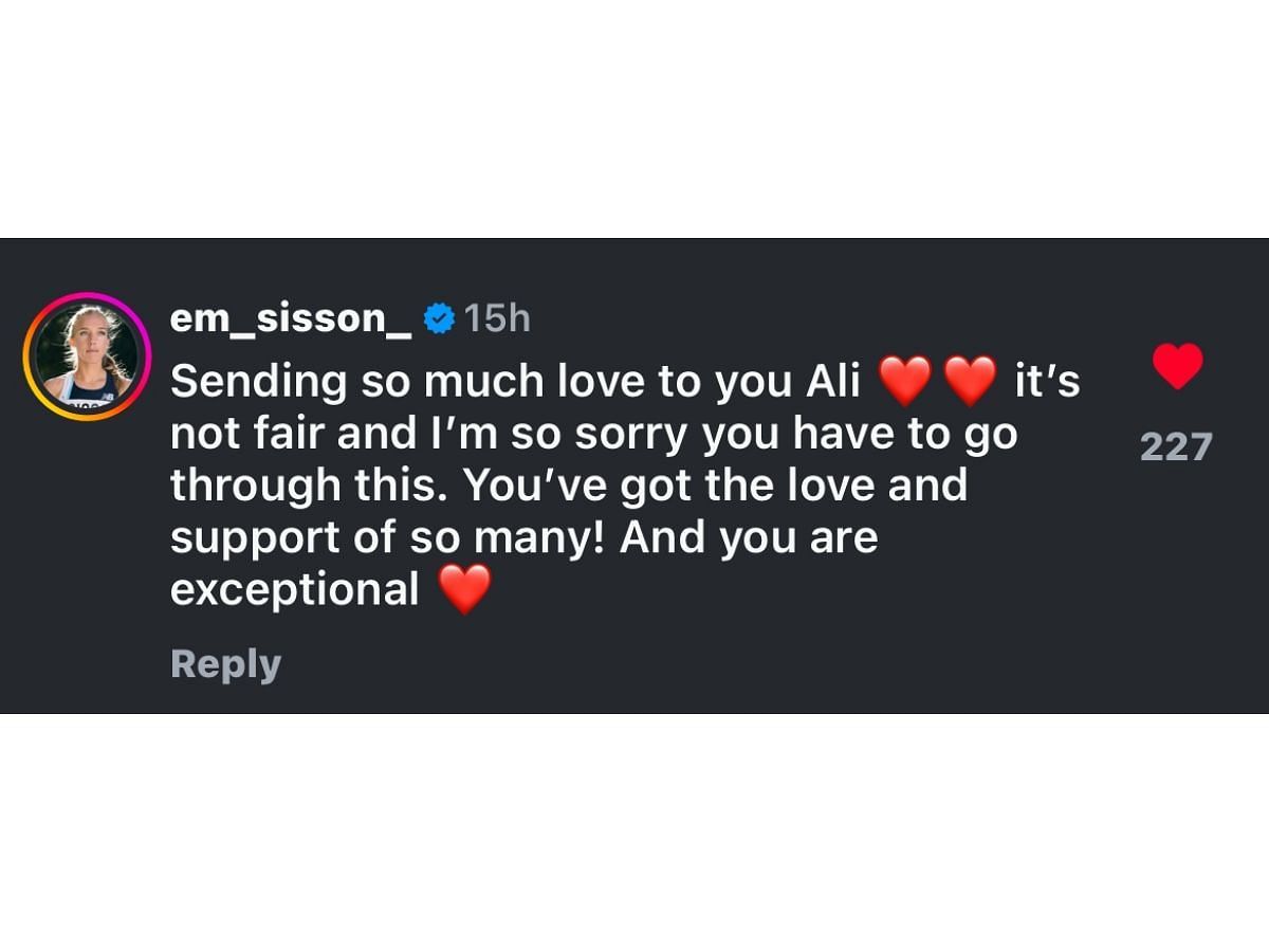 Sisson’s comment on Instagram (@aliontherun1)